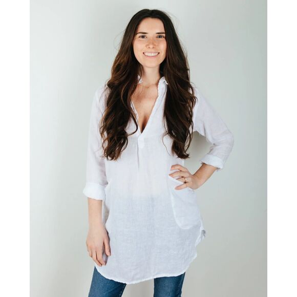 CP Shades Size M Teton Tunic Linen Brown White V-Neck Pockets $242 USA Made - Picture 3 of 14